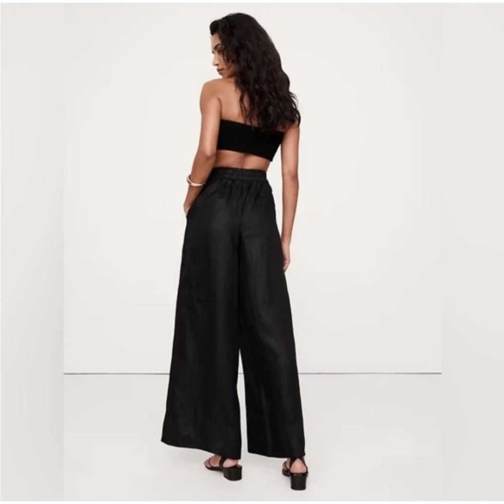 New Banana Republic‎ Pants XXL 100% Linen Pull-on Black Wide Leg Ankle Summer